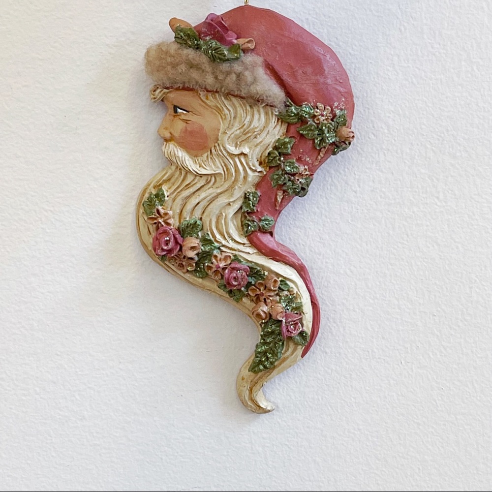 Victorian Santa Father Christmas Pink Glitter Carved Ornament 5.5”